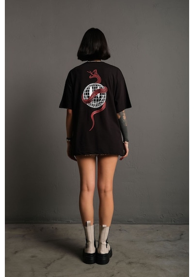 Technomonkey Unisex Siyah Oversize Yılan Baskılı T-shirt
