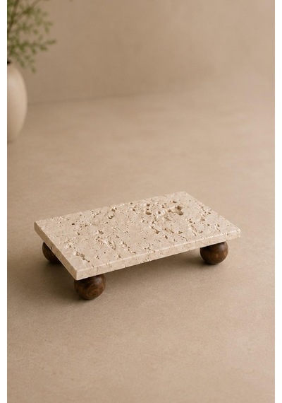 Dikdörtgen Akasya Top Ayaklı Traverten Sunumluk Sunum Tabağı 12x24 Cm Bej