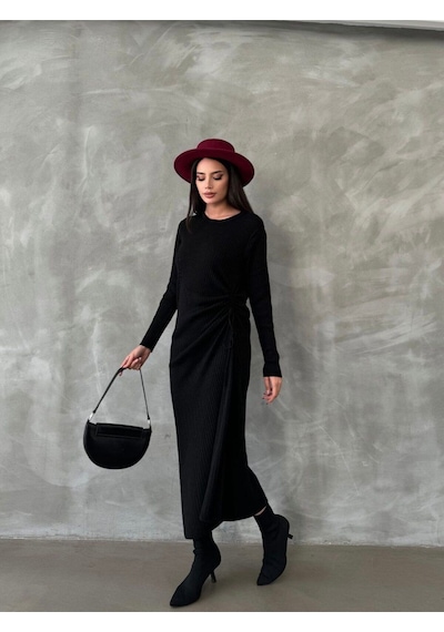 Anbly Collection Bisiklet Yaka Yandan Büzgülü Triko Uzun Elbise Anbly Collection Bisiklet Yaka Yandan Büzgülü Triko Uzun Elbise