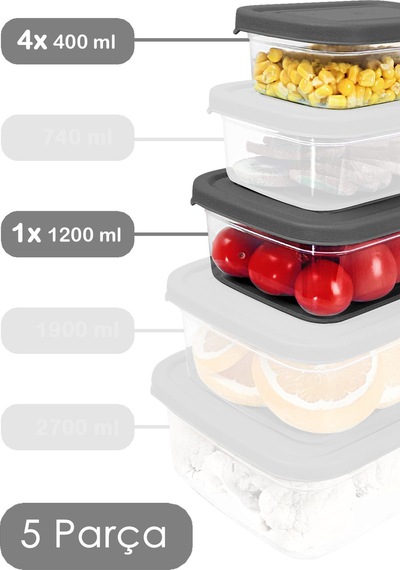 Meleni Home 5'li Dikdörtgen Erzak Saklama Kabı Seti Mikrodalgaya Uygun Düzenleyici Organizer Erzak Kabı Gri