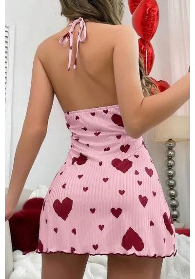 Kadın Pembe Kırmızı Kalp Desenli Askılı Sırt Dekolteli Elbise 5064