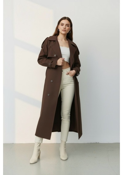 Durivya Düğme Detaylı Oversize Trençkot Kahverengi
