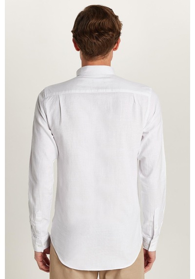 Tudors Erkek Slim Fit Dar Kesim %100 Pamuk Keten Doku Düğmeli Yaka Beyaz Gömlek-26921 Beyaz