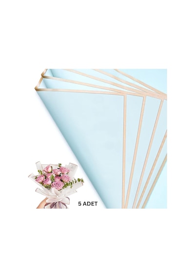 Çiçek Buket Kağıdı, Altın Kenarlı Çiçek Ambalaj Kağıdı, Mat Opp 58x58 Cm - 5 Adet, Bulut Mavisi