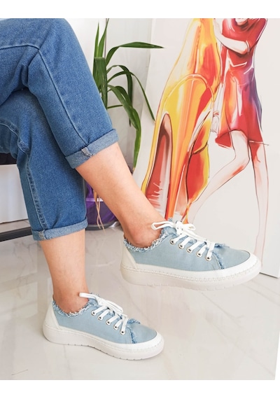 Mavi Renk Bağcıklı Düz Taban Kadın Kot Sneakers 001