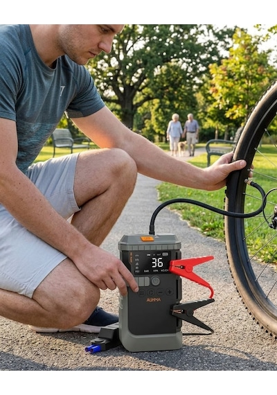 Araç - 587 - Lastik Basınç Pompası Akü Takviye Powerbank Ve Sos Işıklı Çok - Edntrend - Fonksiyonlu Cihaz