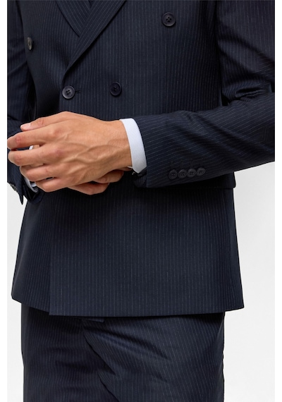 Süvari Lacivert Slim Çizgili Kruvaze Yaka 6 Drop Takım Elbise-38746 Lacivert