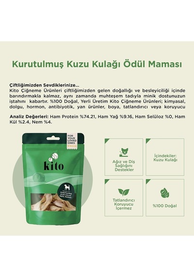 Kito Kurutulmuş Kuzu Kulak Çiğnemelik Köpek Ödül Maması %100 Doğal, Glutensiz, Organik 100 Gr