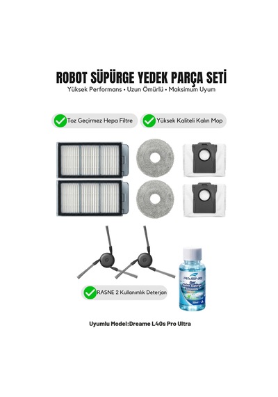 Dreame L40s Pro Ultra İle Uyumlu 2 Yan Fırça 2 Filtre 2 Mop 1 Deterjan 2 Toz Torbası 5.0