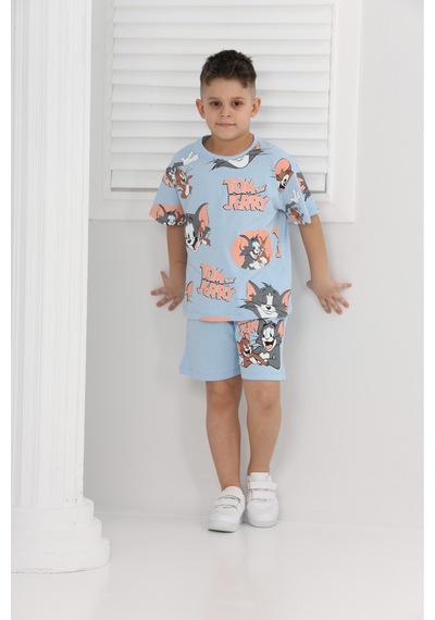 Veramoni Unisex Tom&jery Baskılı Kısa Kollu Şortlu İkili Takım Mavi