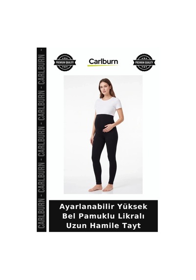 Carlburn Premium Ayarlanabilir Yüksek Bel Pamuklu Likralı Uzun Hamile Tayt Seçenek Ürün Dokulu Siyah