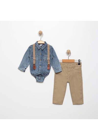 Mnk Baby & Kids Jeans Gömlek Gabardin Pantolon Erkek Bebek Takımı M00774 Bej