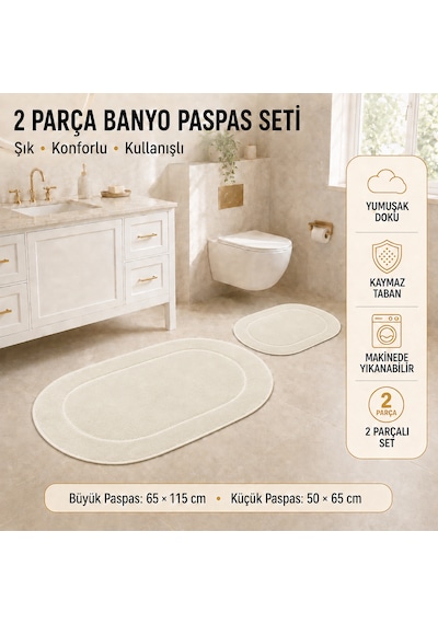 Rixos 2'li Banyo Halısı Paspası Seti Kaymaz Tabanlı Klozet Takımı Krem