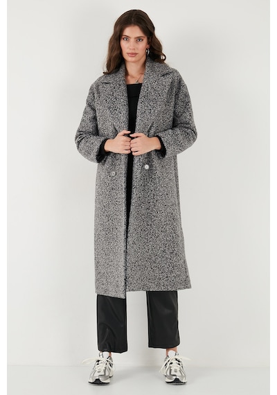 Lela Oversize Fit Mono Yaka Düğmeli Buklet Uzun Kaşe Bayan Kaban 6810236 Antrasit