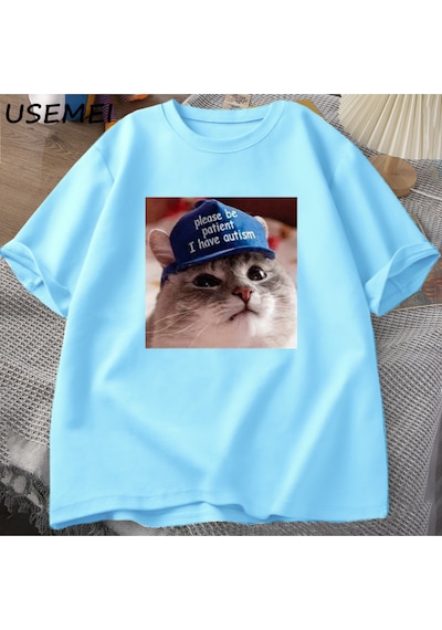 Flood Of Style Lütfen Sabırlı Olun Ben Otizm Kedi Grafik T Shirt Erkek T-shirt Adam Giysileri Kısa Kollu Pam Mavi