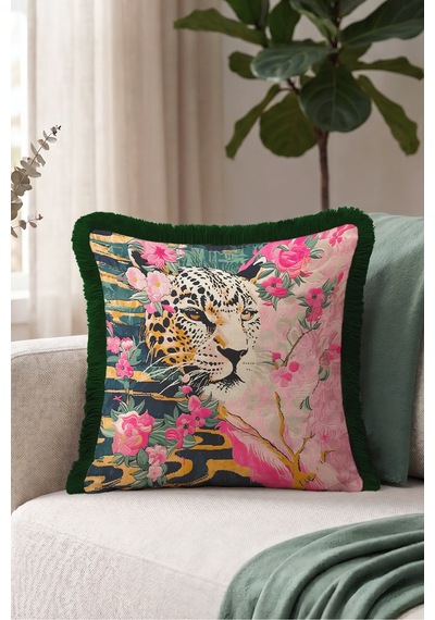 Leopar Çiçek Desen Egzotik Saçaklı Yastık Kılıfı - Tropikal Pembe Yeşil Gri Püsküllü Kırlent Kılıfı Serin Atlas Aura Leopar Çiçek Desen Egzotik Saçaklı Yastık Kılıfı - Tropikal Pembe Yeşil Gri Püsküllü Kırlent Kılıfı Serin Atlas Aura