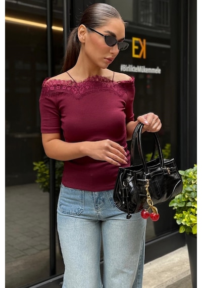 Bordo Dantelli Madonna Yaka Slim Fit Tişört Mg2743