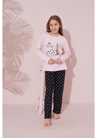 Siyah İnci Pamuklu Örme Pijama Takım 24241101 Pembe