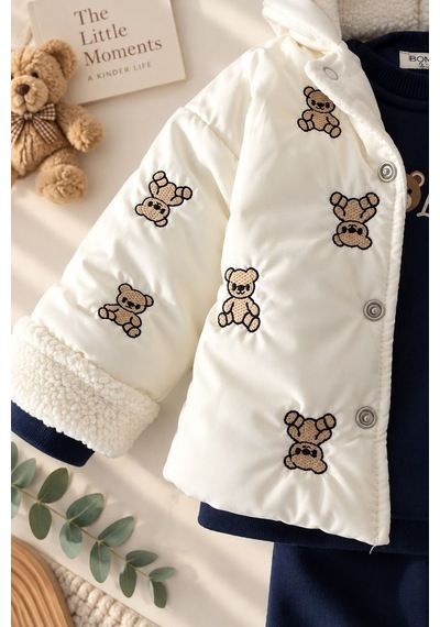 Minigimin Cicileri Ayıcık Nakışlı İçi Peluş Şişme Montlu Erkek Bebek 3 Lü Takım - Lacivert