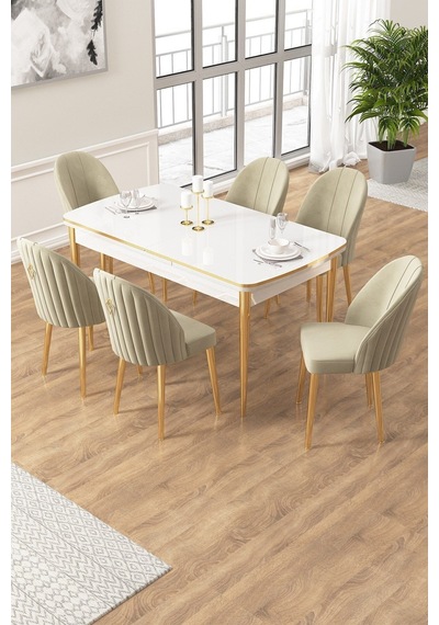 Canisa Edaf Serisi 80x132 Açılabilir Beyaz Mutfak Masa Takımı 6 Krem Sandalye Gold Detay Masa Beyaz Sandalye Krem Ayak Gold Canisa Edaf Serisi 80x132 Açılabilir Beyaz Mutfak Masa Takımı 6 Krem Sandalye Gold Detay Masa Beyaz Sandalye Krem Ayak Gold