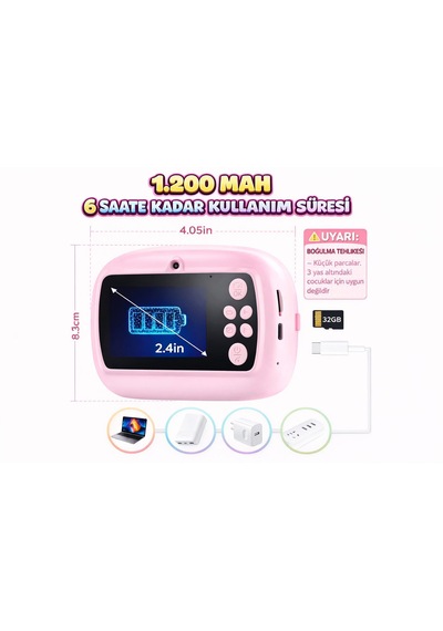 Cmr96 Çocuk Dijital Mini Kamera 1080p Hd 2.4 İnç Ekran Fotorğraf Video Oyun Müzik Usb Şarj Termal Resim Kağıt Baskılı Yazıcı Kamera Video Makinesi Print Kamera Pembe