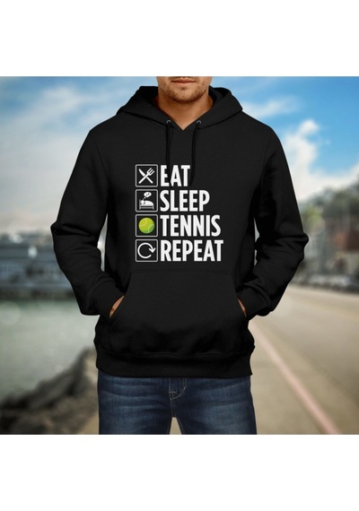 Pisa Art Eat, Sleep And Play Tennis Siyah Kapişonlu Sweatshirt Hrmsw434 Siyah