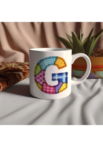 G Harfi Renkli Yamalı Tasarım Kupa Bardak - Bohem Patchwork Desenli Kupa - Etnik Hediyelik Beyaz
