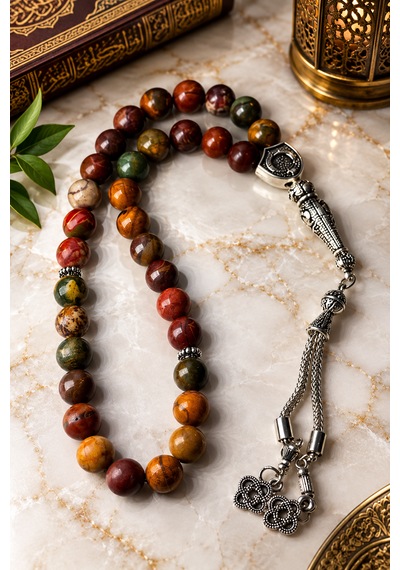 Pikasso Jasper Tesbih 8 Mm Turuncu - Yeşil