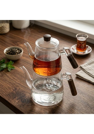 1000 Ml + 750 Ml Akasya Ahşap Kulplu Cam Çaydanlık Takımı - Isıya Dayanıklı Borosilikat Pürüzsüz Şeffaf Tasarım, Yaylı Süzgeçli Lüks Çaydanlık Çok Renkli
