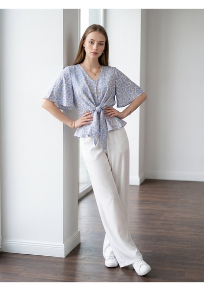 Pera Moda Leopar Desenli Önden Bağlamalı Beli Lastikli Crop Bluz Gömlek Bebe Mavisi