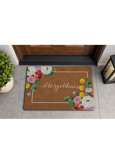 Kapı Önü Paspası Kaymaz Ağır Tabanlı Gül,çiçek Desen Hoş Geldiniz Dekoratif , Kolay Temizlenir 45x70 Cm Kod T2 Açık Kahverengi