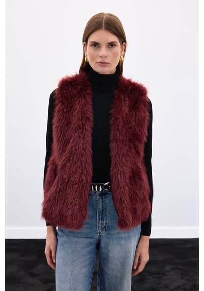 Sateen Kolsuz Uzun Yelek - Bordo-136640 Bordo