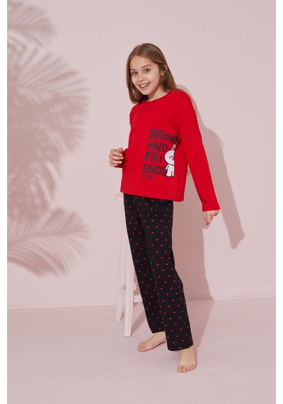 Siyah İnci Pamuklu Örme Pijama Takım 24241083 Kırmızı