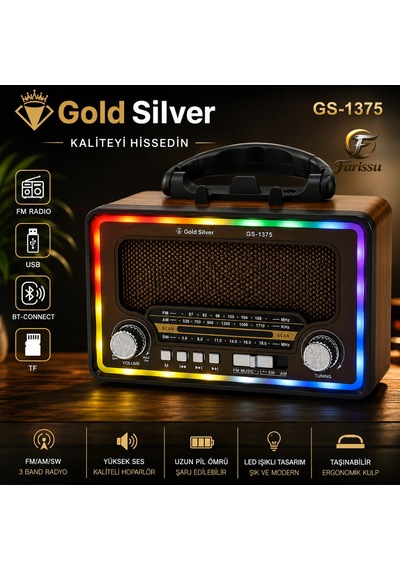 Gold Silver Gs-1375 Nostaljik Radyo - Bluetoothlu, Güneş Panelli, Şarjlı Fenerli Taşınabilir Hoparlör