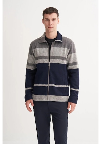 Cazador Hazır Örme Çizgili Vintage Yün Karışımlı Regular Fit Fermuarlı Sweat Hırka Gri