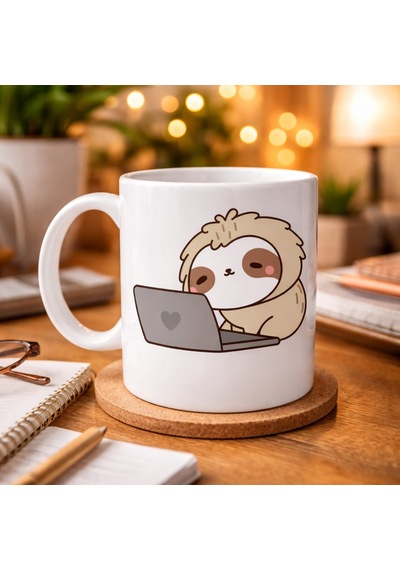 Laptoplu Tembel Hayvan Desenli Porselen Kupa Model 109 Sevimli Sloth Tasarımlı Kahve Kupası , Ofis & Ev İçin Eğlenceli Hediye Diğer
