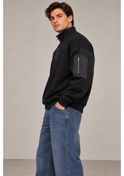 Tarz Cool Erkek Siyah Oversize Sweatshirt Yarım Fermuarlı Dik Yaka Kol Cepli 3 İplik Şardonlu Kışlık Sweat