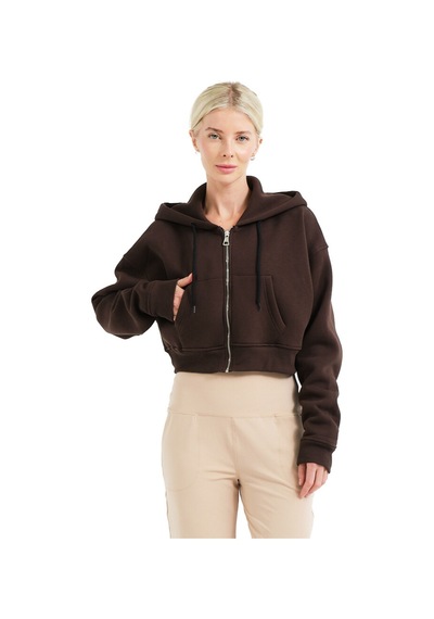 Justever Crop Kapüşonlu Fermuarlı Kanguru Cepli Şardonlu Hoodie Acı Kahve Kadın Sweatshirt - Lumen Acı Kahve Acı Kahverengi
