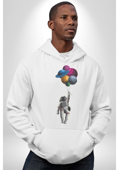 Gezegenler Balon Astronot Yükselişi Kadın Erkek Beyaz Kapüşonlu Sweatshirt Hoodie Beyaz