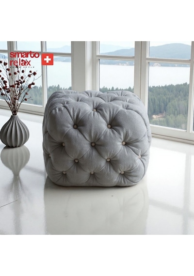 Smarto Relax Swiss Style Puf Zinal Ayaksız Kapitoneli Kare 45x45 Cm Baby Face Dekoratif Kapitoneli Dekoratif Puf Gri