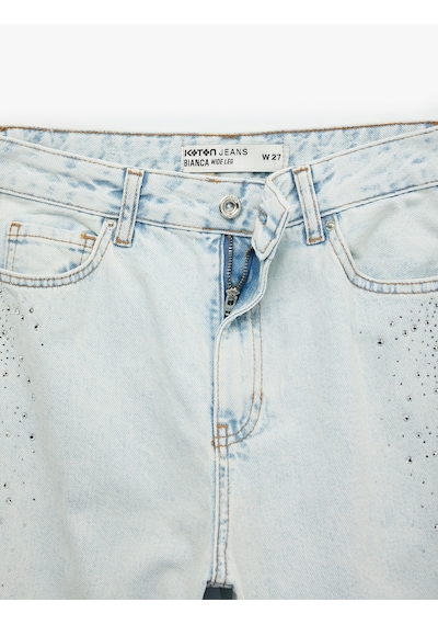 Koton Pamuklu Düğmeli Cepli Geniş Paça Taşlı Denim Pantolon - Wide Leg Jeans Açık İndigo 6sal40010md Açık İndigo