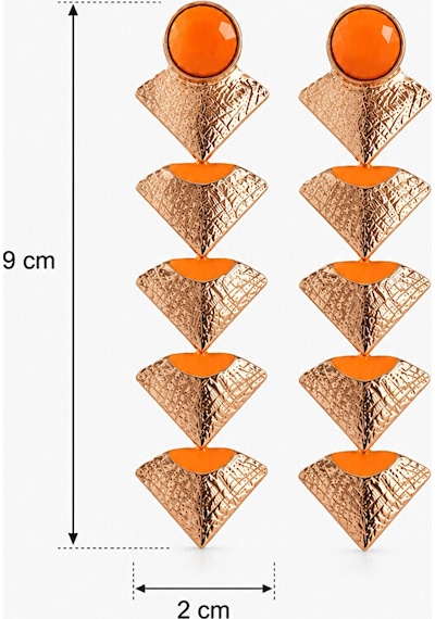 Geometrik Tasarım Taş Detaylı Sallantılı Küpe Turuncu