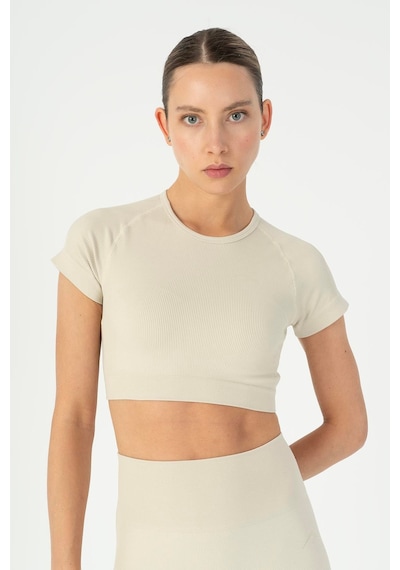 Maraton Slimfit Kadın Bisiklet Yaka Bej- Crop Top Bej-