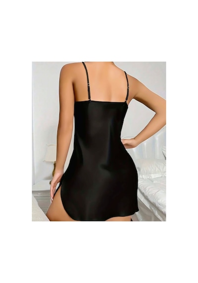 Lily Bianca Nightwear İp Askılı Yırtmaçlı Saten Gecelik Siyah