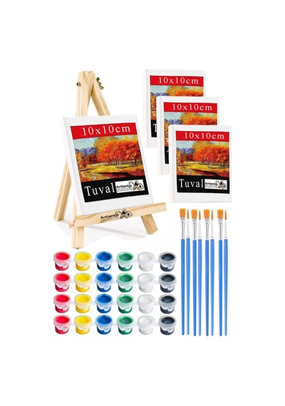 Mini Şövale 10x10 Cm Tuval 3 Ml Akrilik Boya 6 Renk Ve Fırça 4 Adet 10x10 Mini Tuval Masaüstü Küçük Şövale Boyama Seti