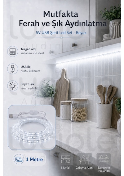5v Usb Şerit Led 1 Metre Beyaz Işık Anahtarlı Powerbank Uyumlu Tezgah Altı Dekoratif Led