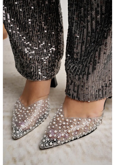 Nesilshoes Nesil Shoes Uraz 451 Siyah İncili Lastikli Kadın Sandalet