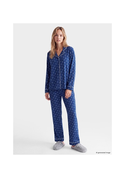 Lcw Dream Lacivert Gömlek Yaka Baskılı Kadın Pijama Takımı