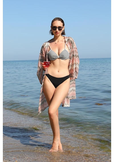 Modi Moda Çizgi Kadın Kimono Pareo Plaj Elbisesi Sütlü Kahve 38040
