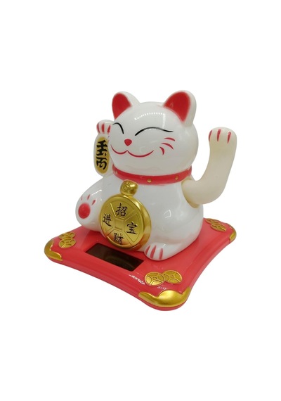 Maneki Neko El Sallayan Şans Kedisi Beyaz Solar Güneş Enerjili 10x10cm No4b01